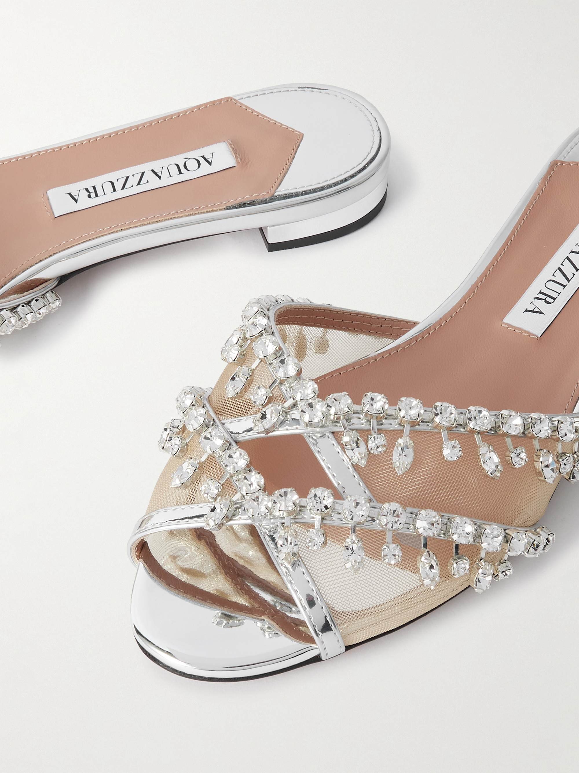 AQUAZZURA Temptation crystal-embellished mesh-trimmed metallic leather slides