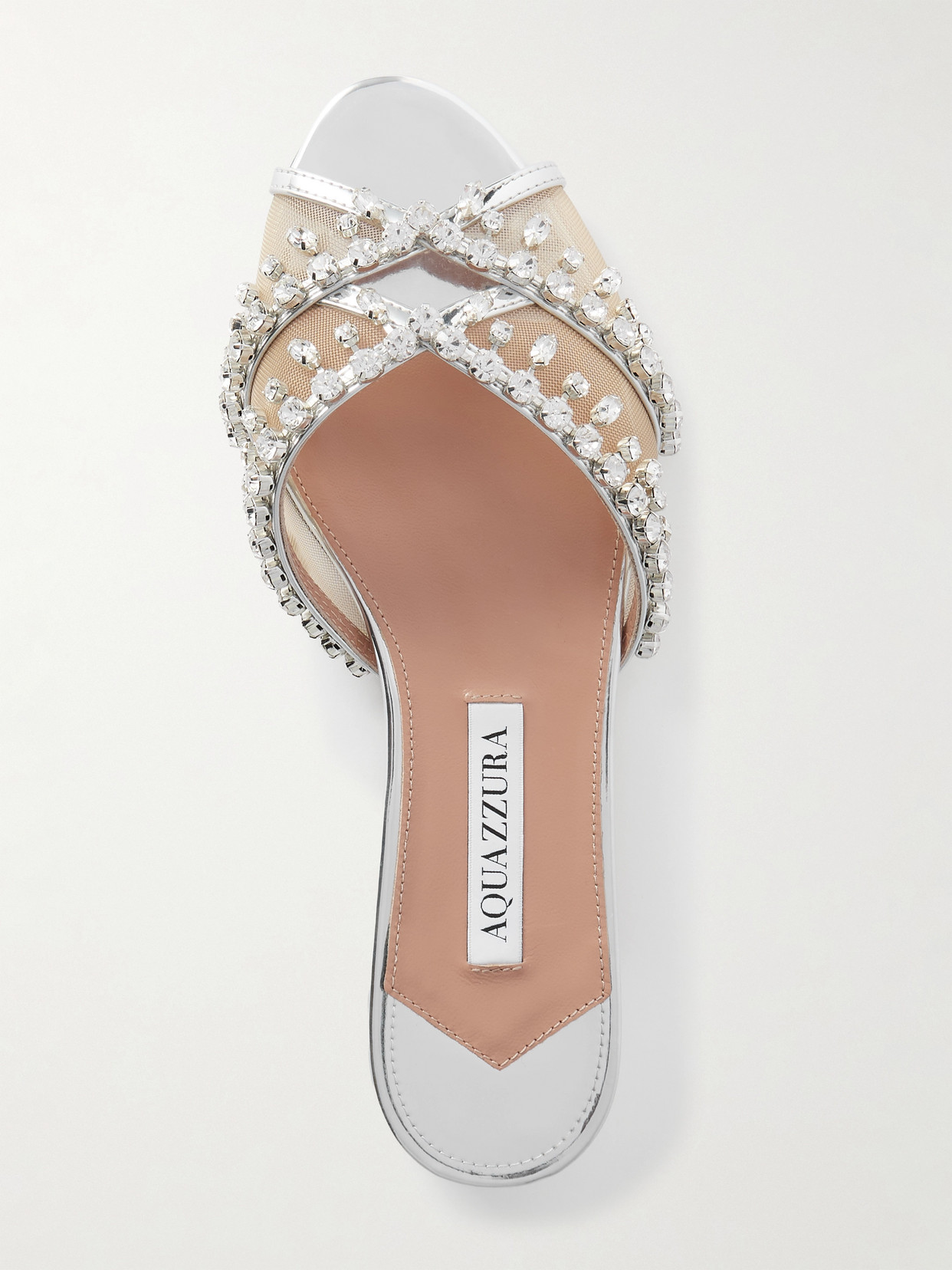 Aquazzura Temptation Crystal-embellished Mesh-trimmed Metallic Leather Slides In Silver