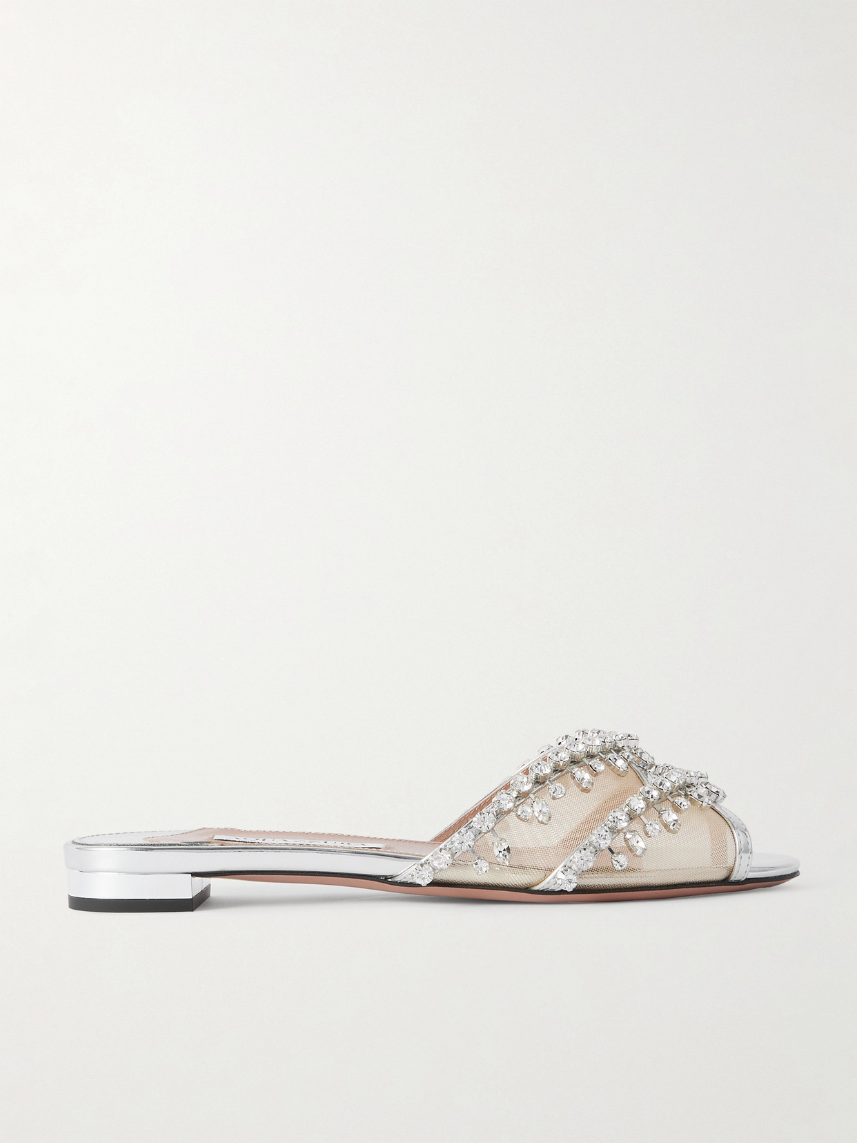 Aquazzura Temptation Crystal-embellished Mesh-trimmed Metallic Leather Slides In Silver