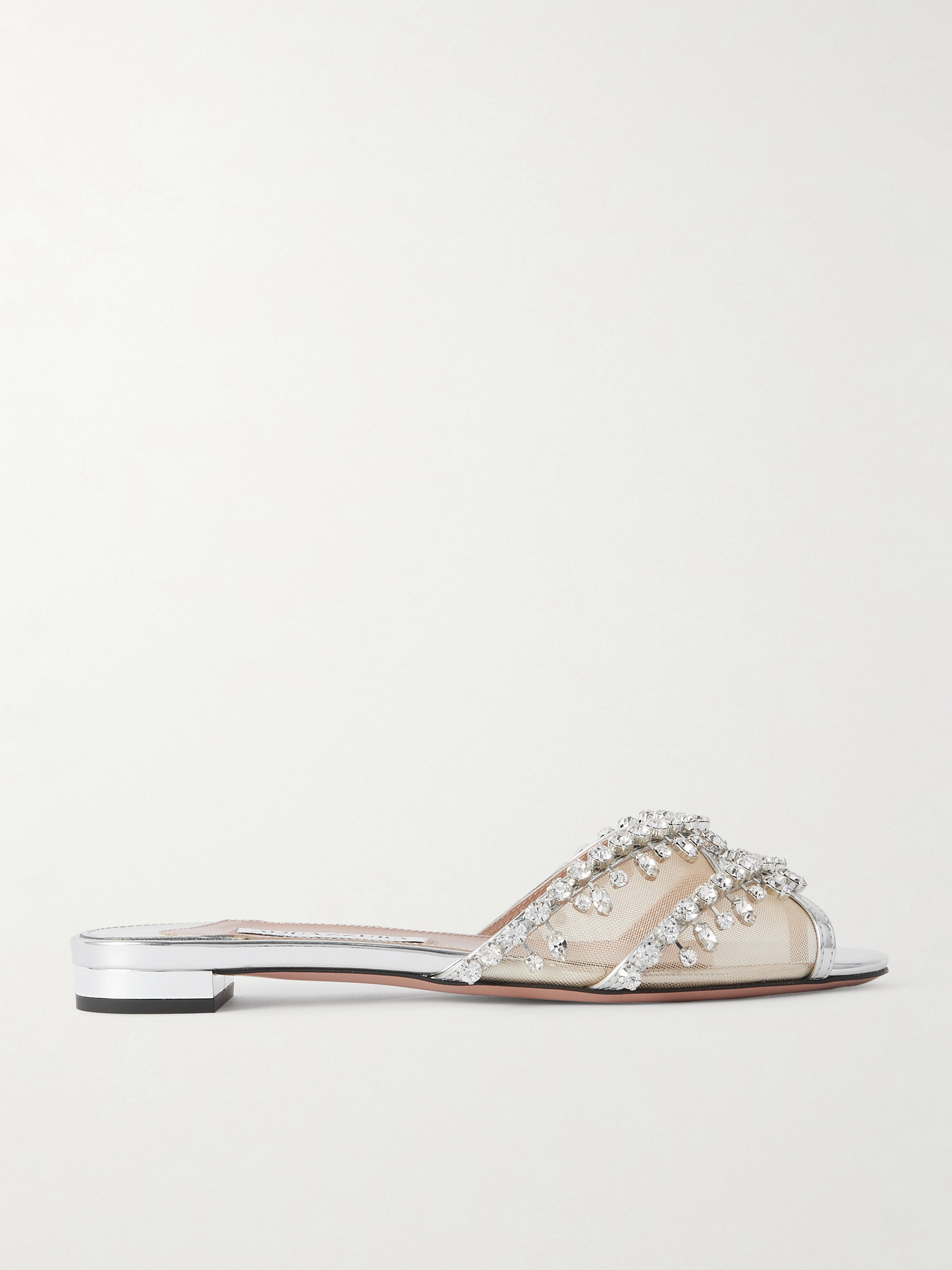 AQUAZZURA Temptation crystal-embellished mesh-trimmed metallic leather slides