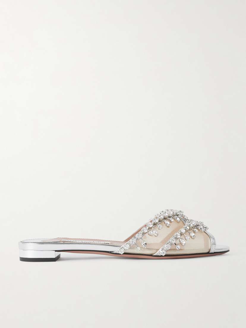 Aquazzura Temptation Crystal-embellished Mesh-trimmed Metallic Leather Slides