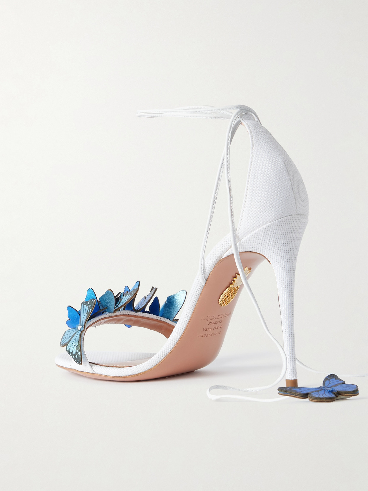 AQUAZZURA PAPILLON 105 LEATHER-TRIMMED APPLIQUÉD RAFFIA SANDALS