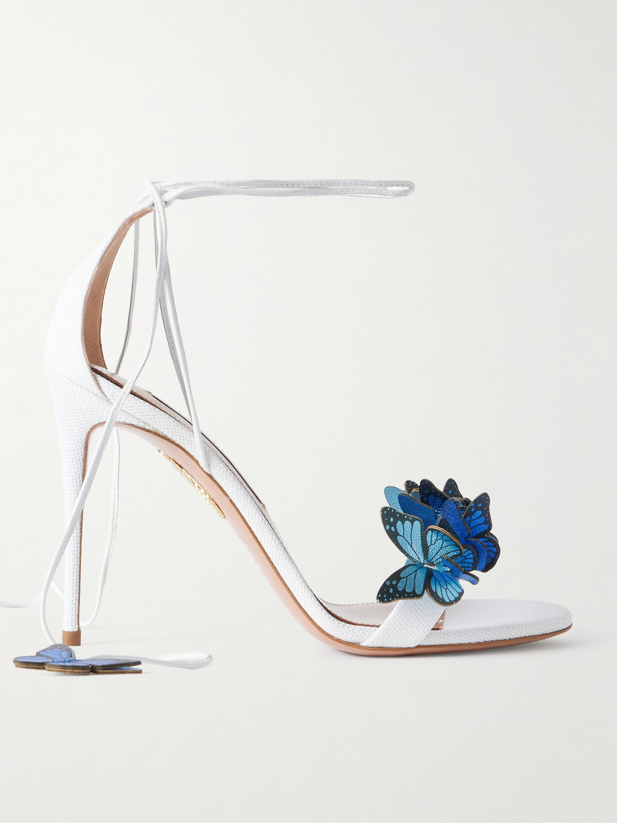 Aquazzura Papillon 105 Leather-trimmed Appliquéd Raffia Sandals In Blue