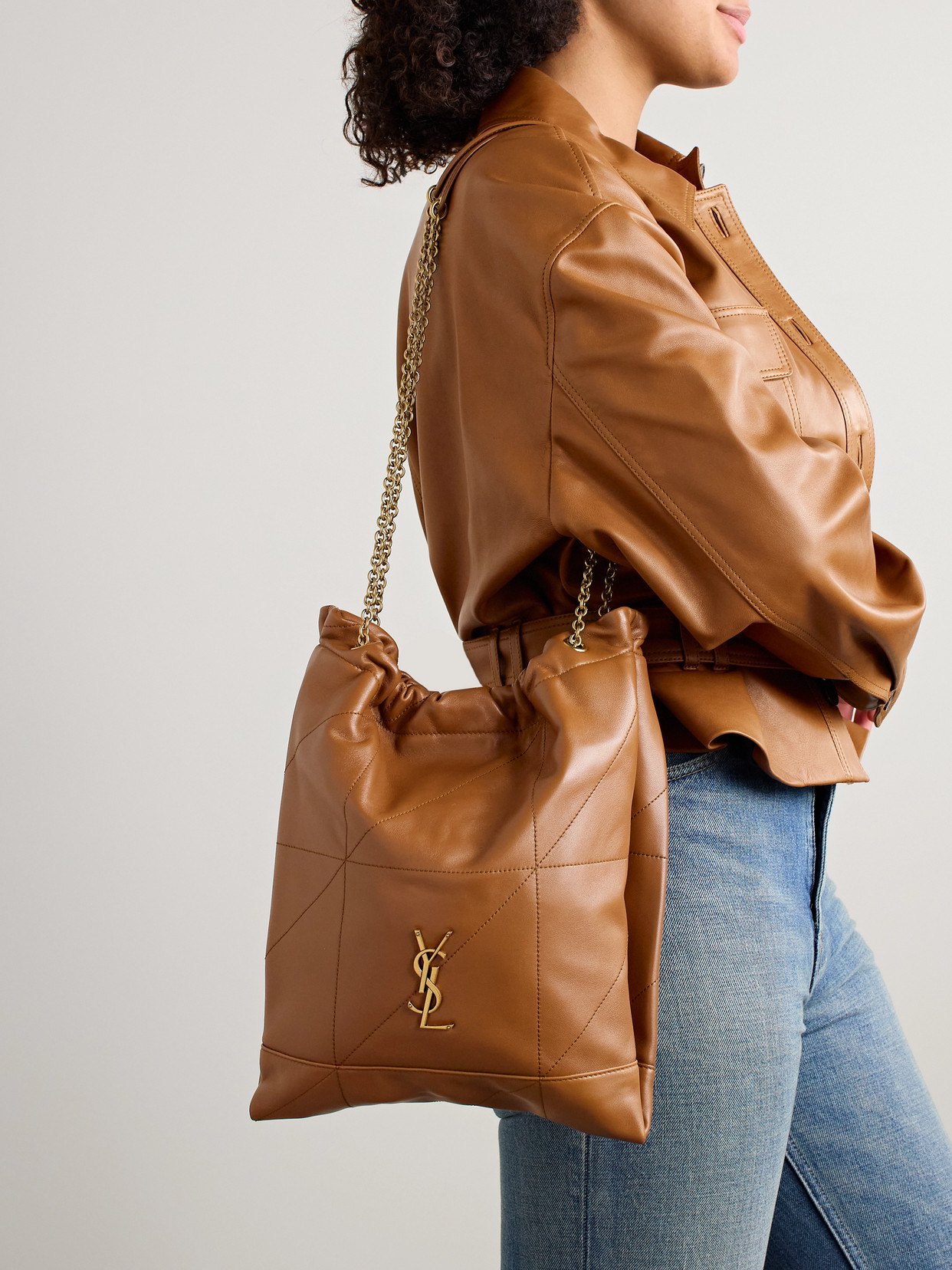 Saint Laurent Jamie Embellished Quilted Leather Shoulder Bag In Brown