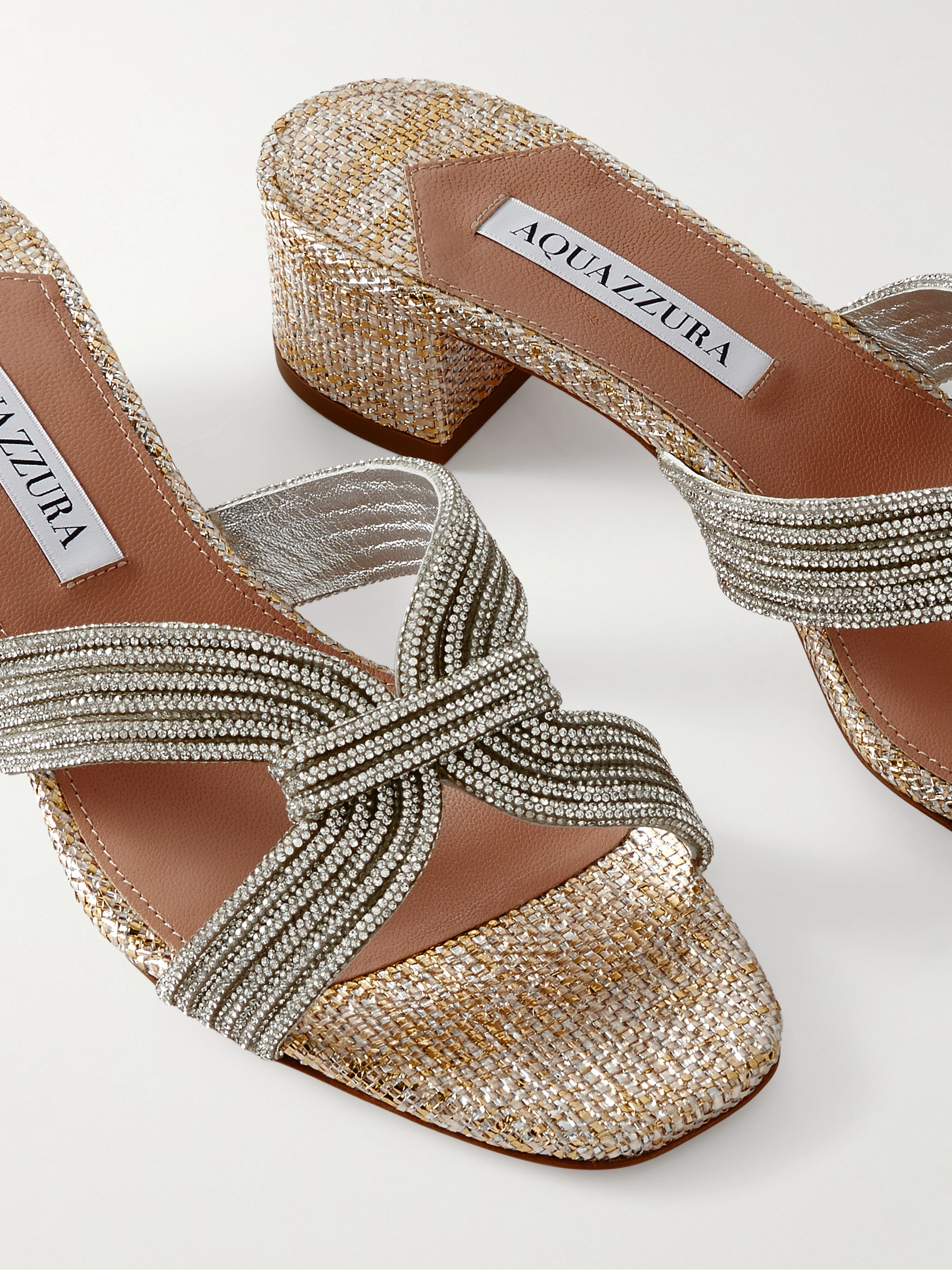 AQUAZZURA - Muse 35 crystal-embellished metallic leather mules | Plush