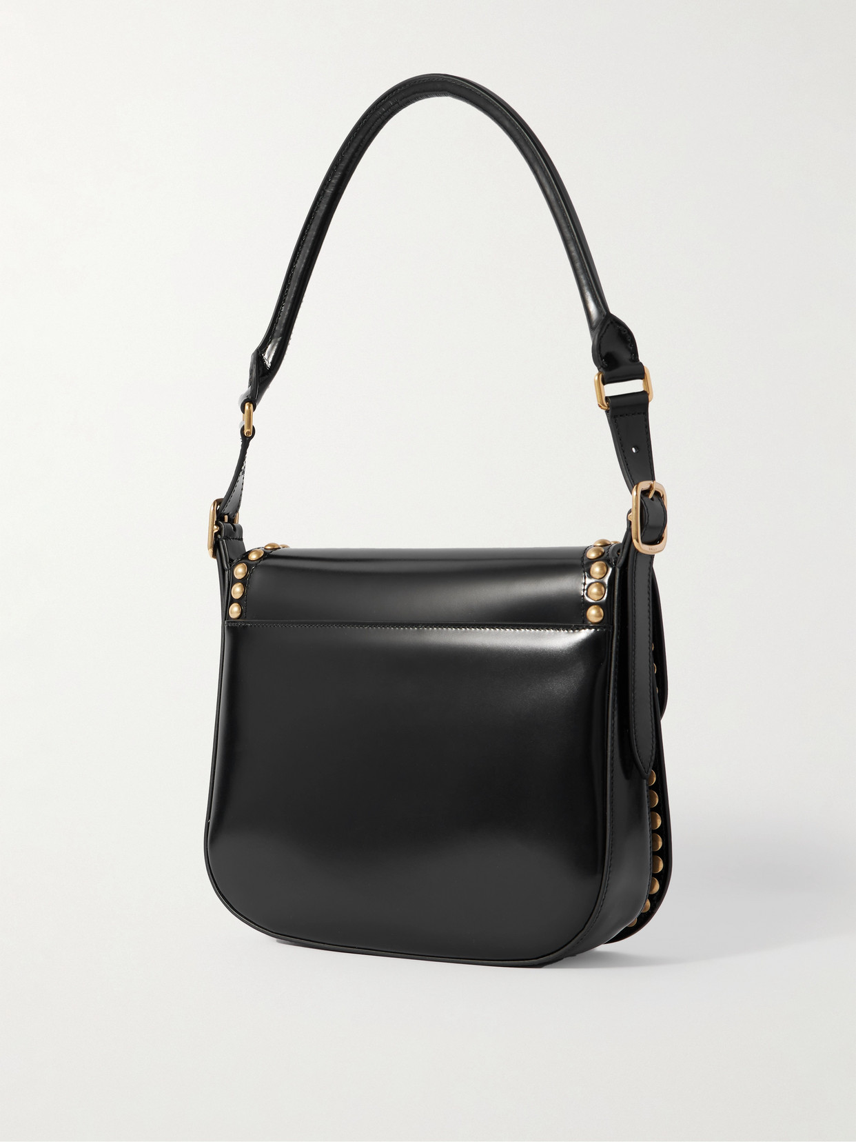 Bally Beckett Flat Medium Studded Glossed-leather Shoulder Bag In Black