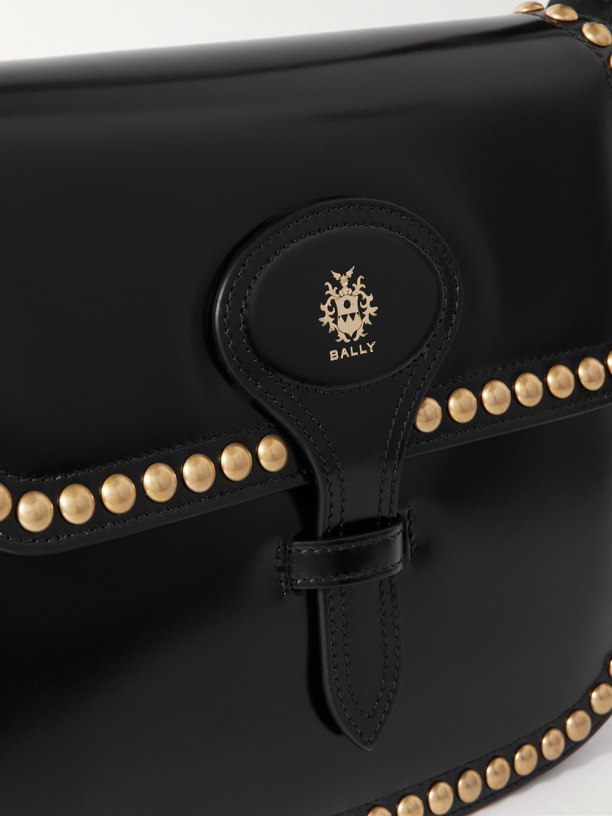 Bally Beckett Flat Medium Studded Glossed-leather Shoulder Bag In Black