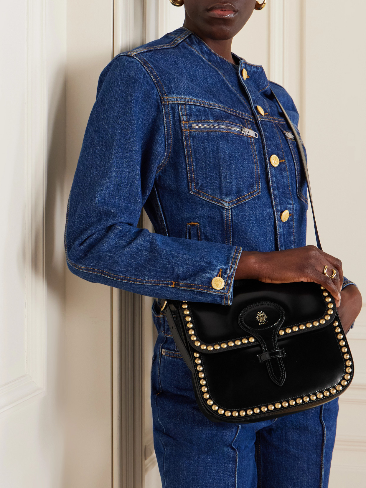 Bally Beckett Flat Medium Studded Glossed-leather Shoulder Bag In Black