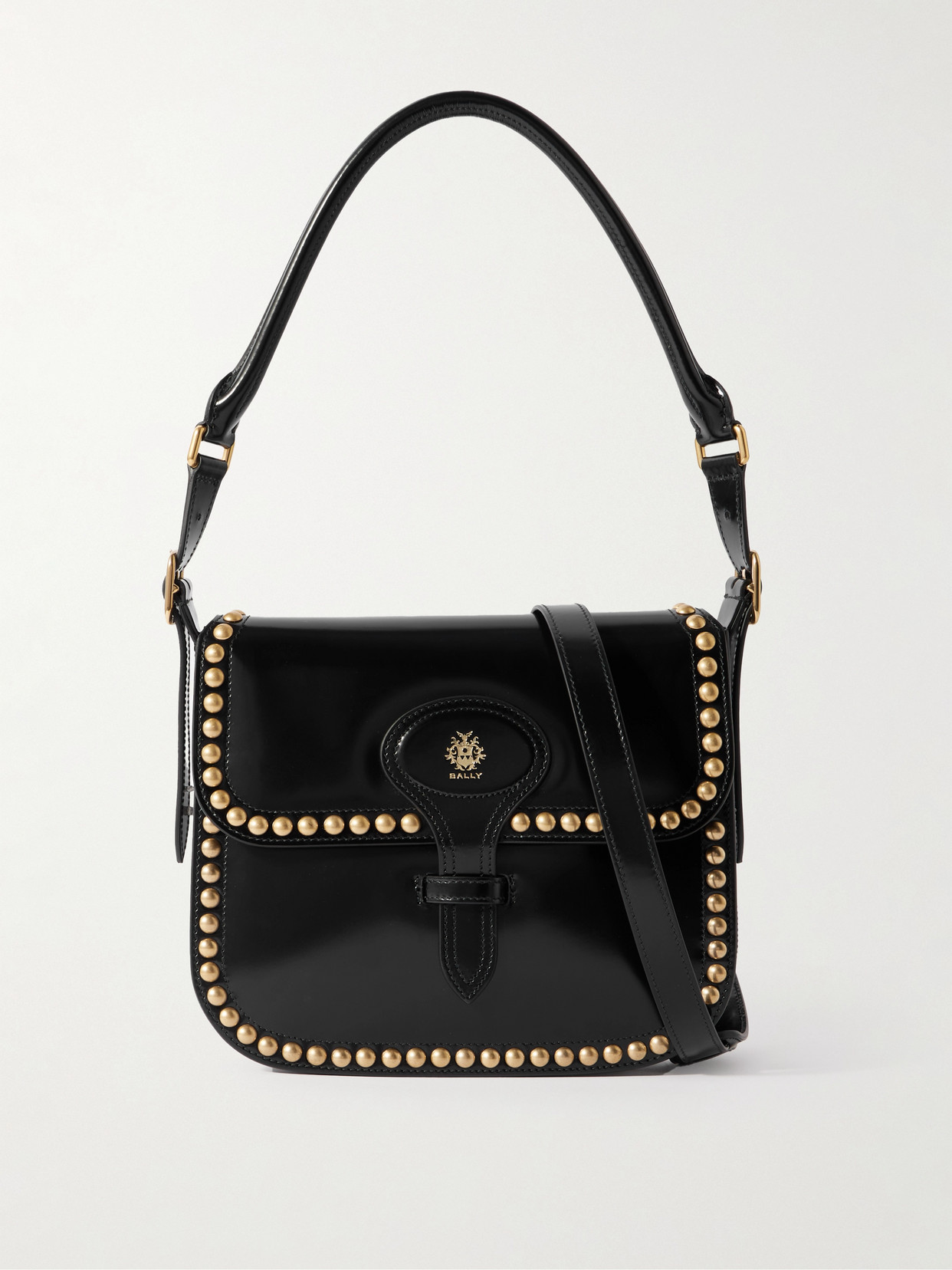 Bally Beckett Flat Medium Studded Glossed-leather Shoulder Bag In Black