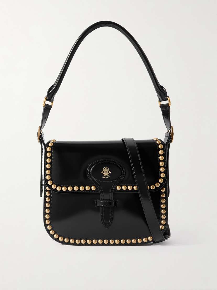 BALLY Beckett Flat Medium Studded Glossed-leather Shoulder Bag