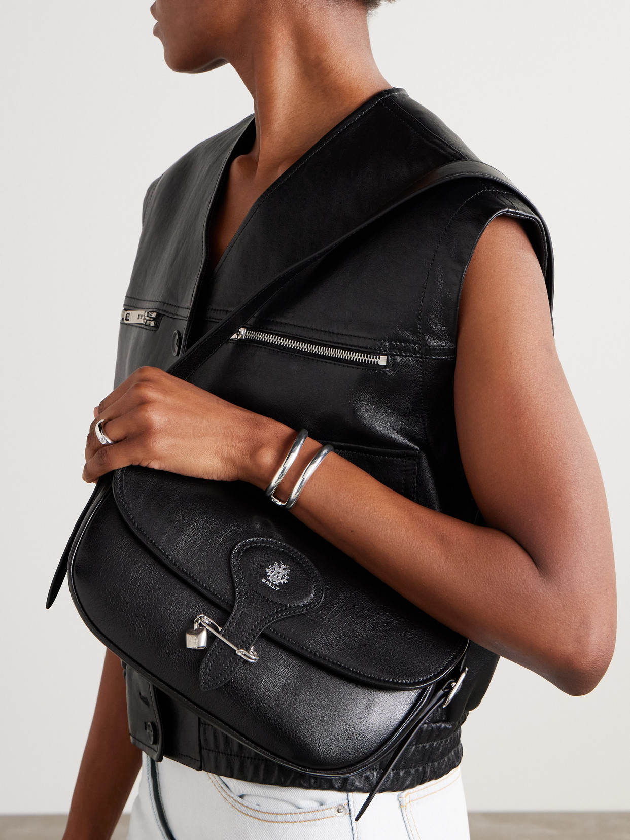 BALLY BECKETT EMBELLISHED GLOSSED TEXTURED-LEATHER SHOULDER BAG