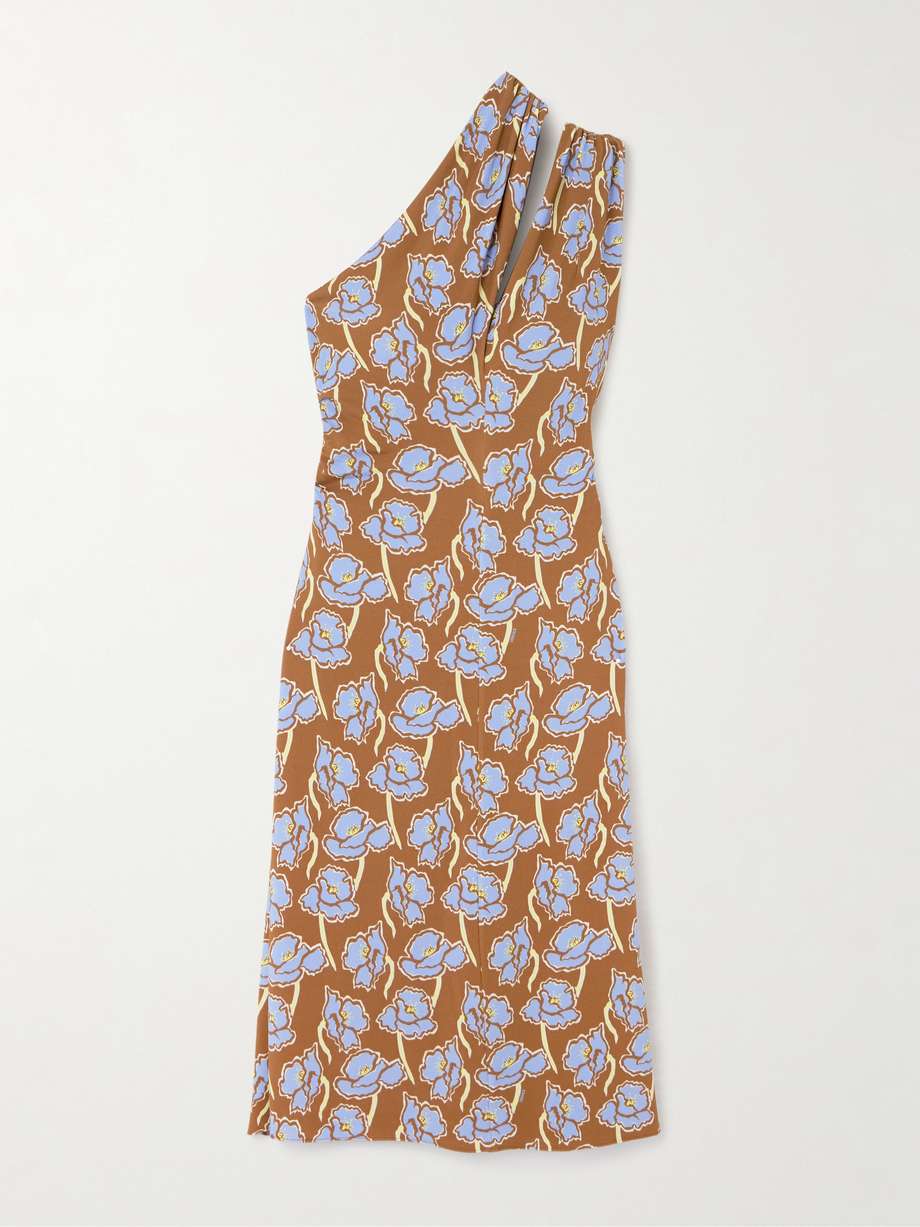 one-shoulder floral-print crepe midi dress