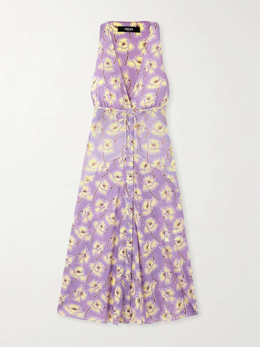 Versace Belted Floral-print Silk-blend Georgette Midi Dress