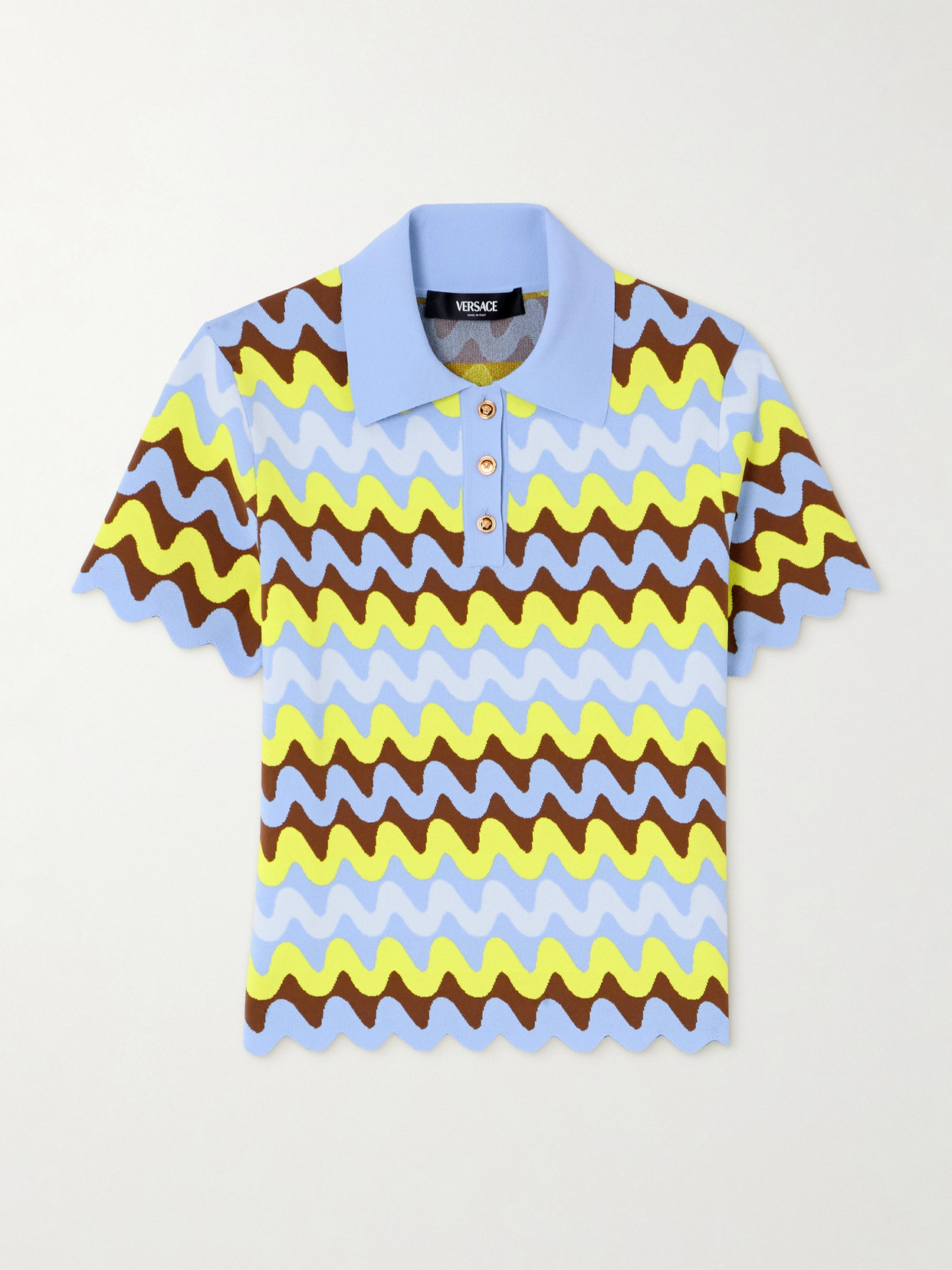 Versace Patterned Jacquard Knit Polo Sweater In Blue