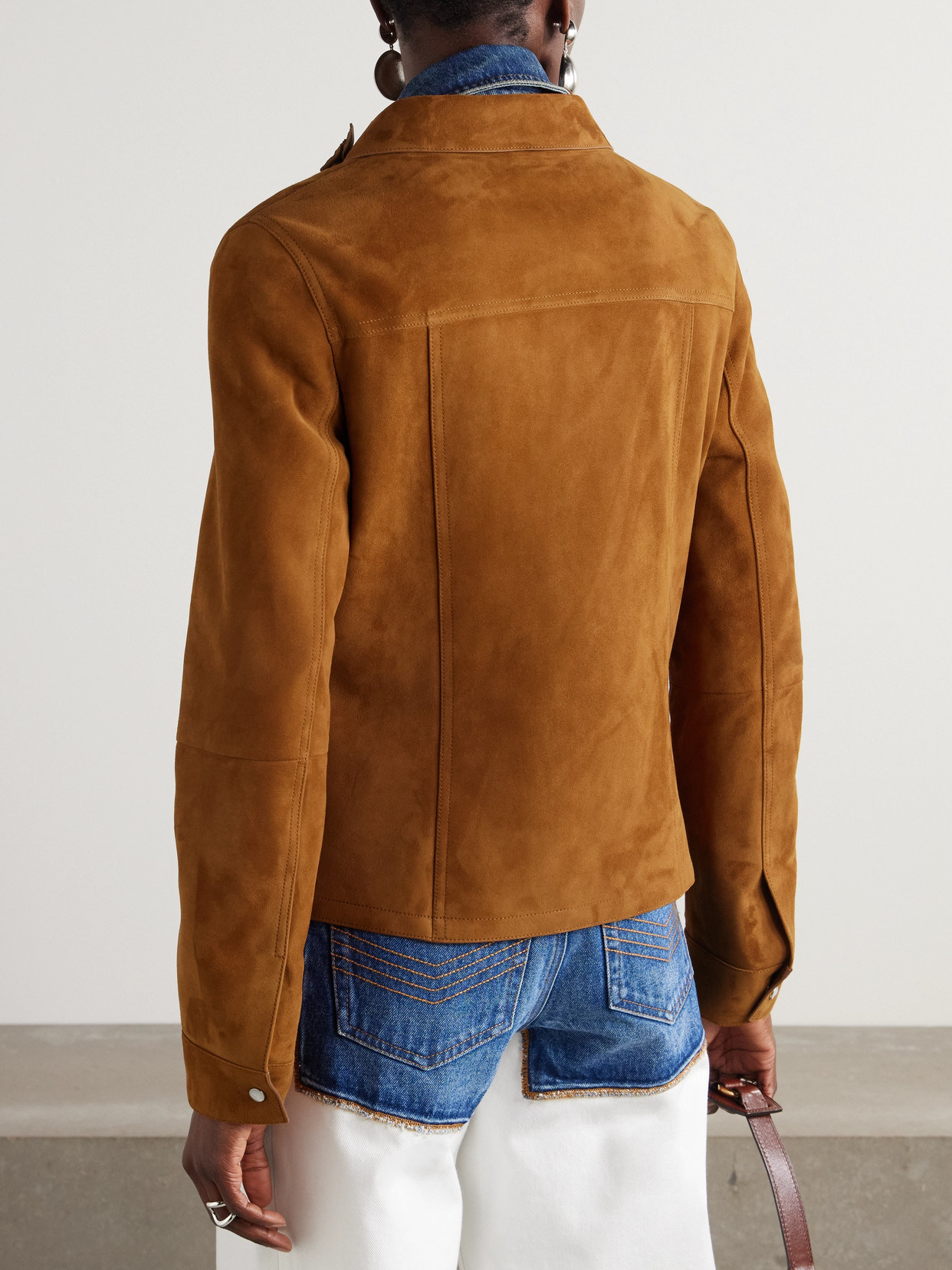 Versace Appliquéd Suede Jacket In Brown