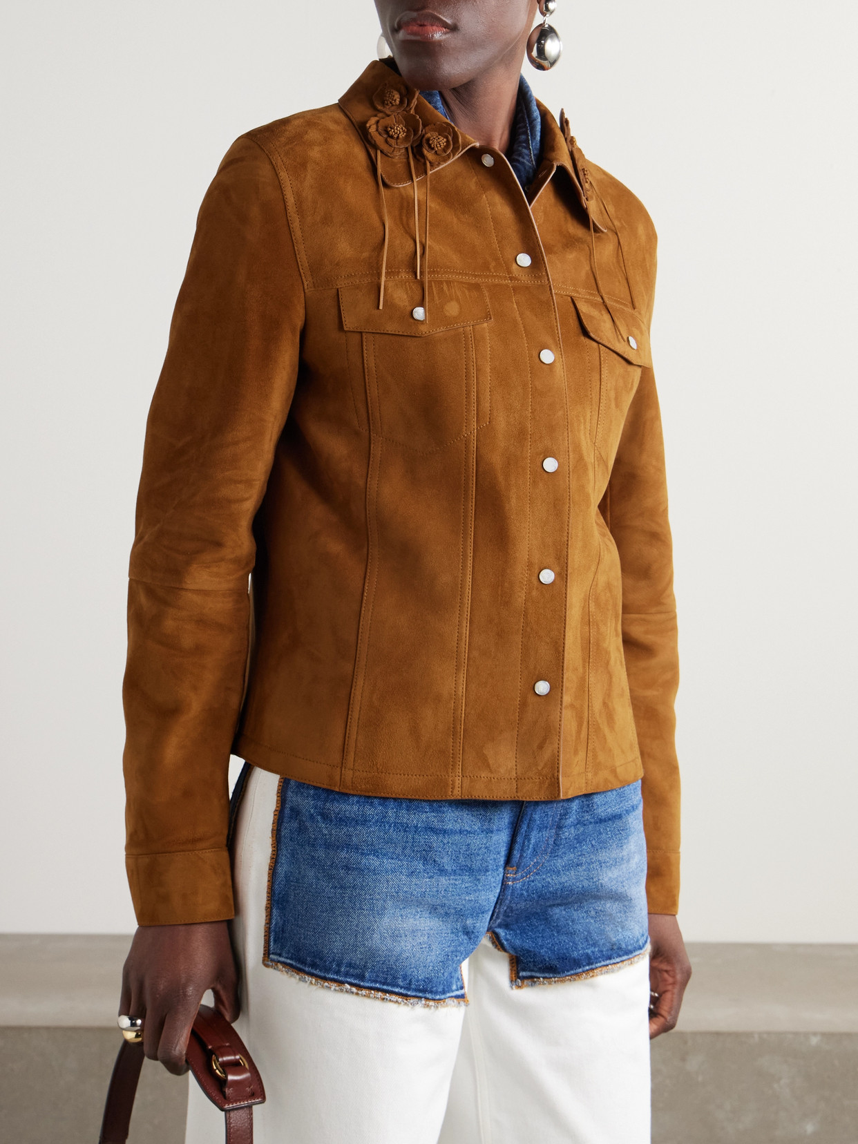 Versace Appliquéd Suede Jacket In Brown