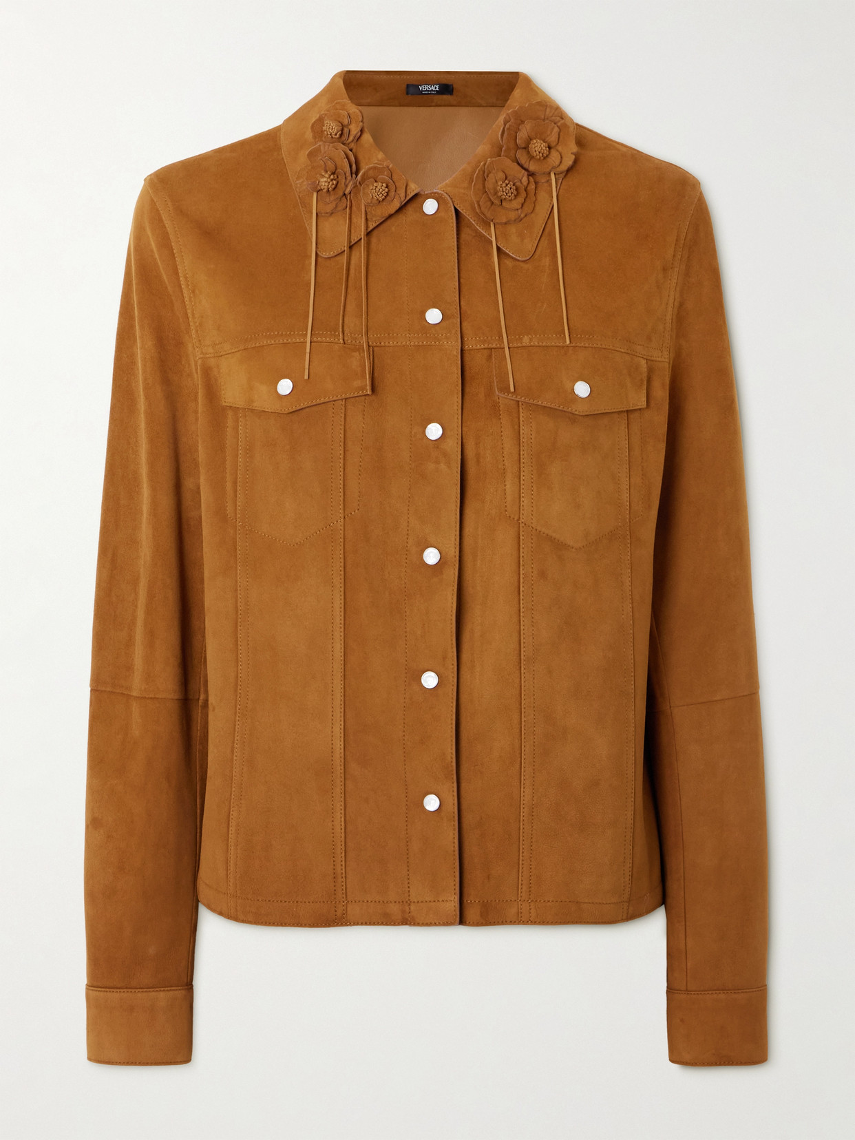 Versace Appliquéd Suede Jacket In Brown