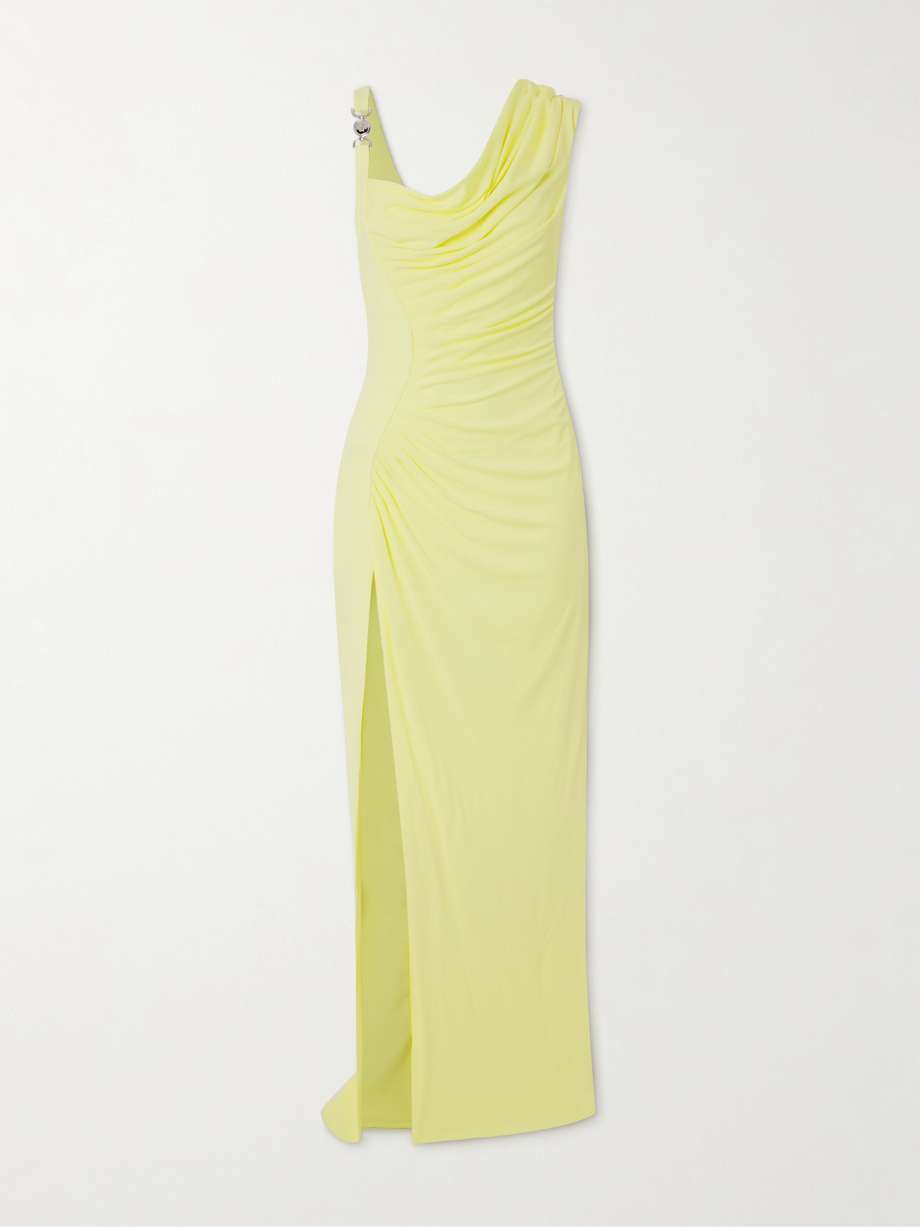 ruched embellished asymmetric crepe gown