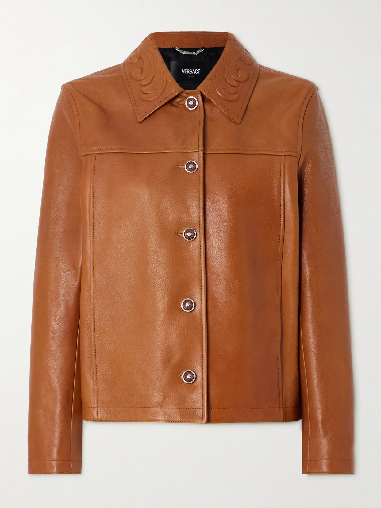 Versace Debossed Paneled Textured-leather Jacket In Brown