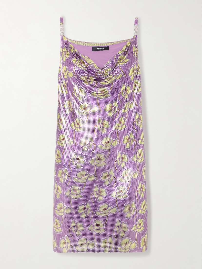 Versace Embellished Floral-print Chainmail Mini Dress