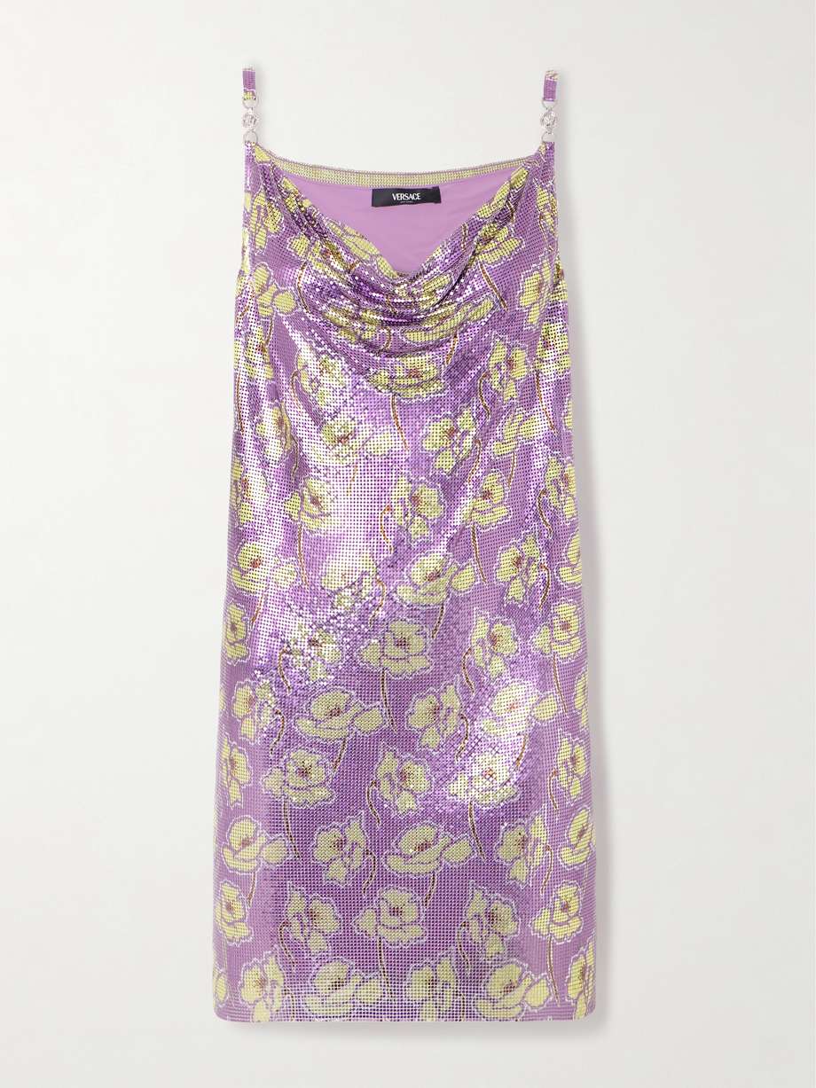 embellished floral-print chainmail mini dress