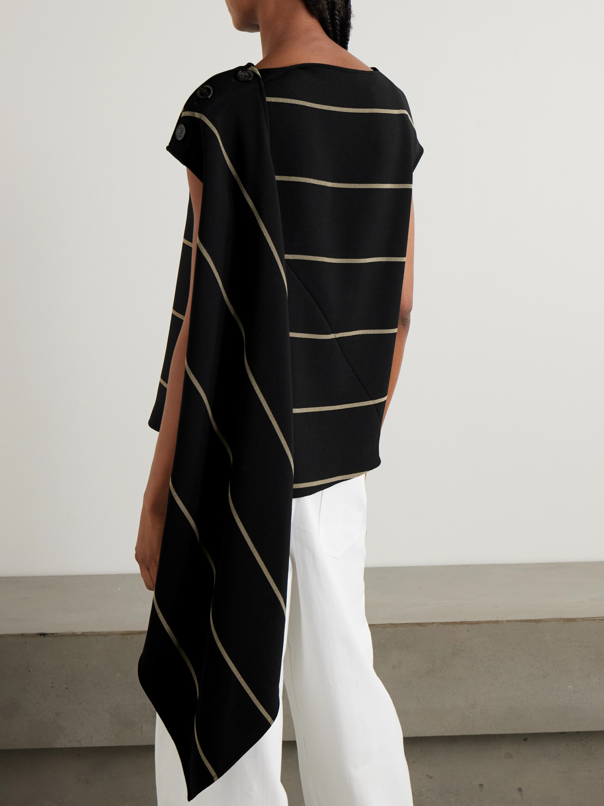 Sutton Button-Detailed Asymmetric Paneled Striped Crepe Top