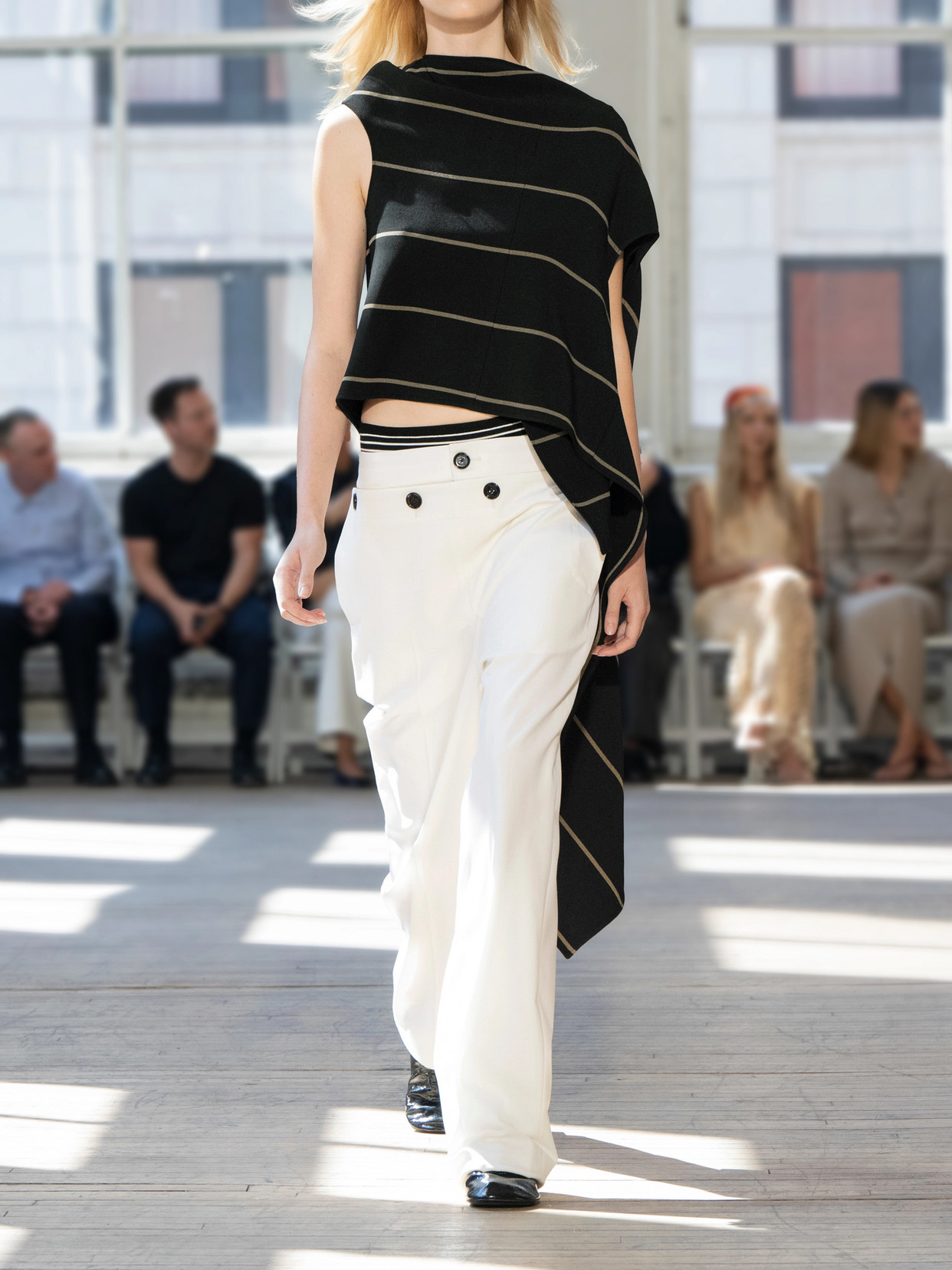 Sutton Button-Detailed Asymmetric Paneled Striped Crepe Top