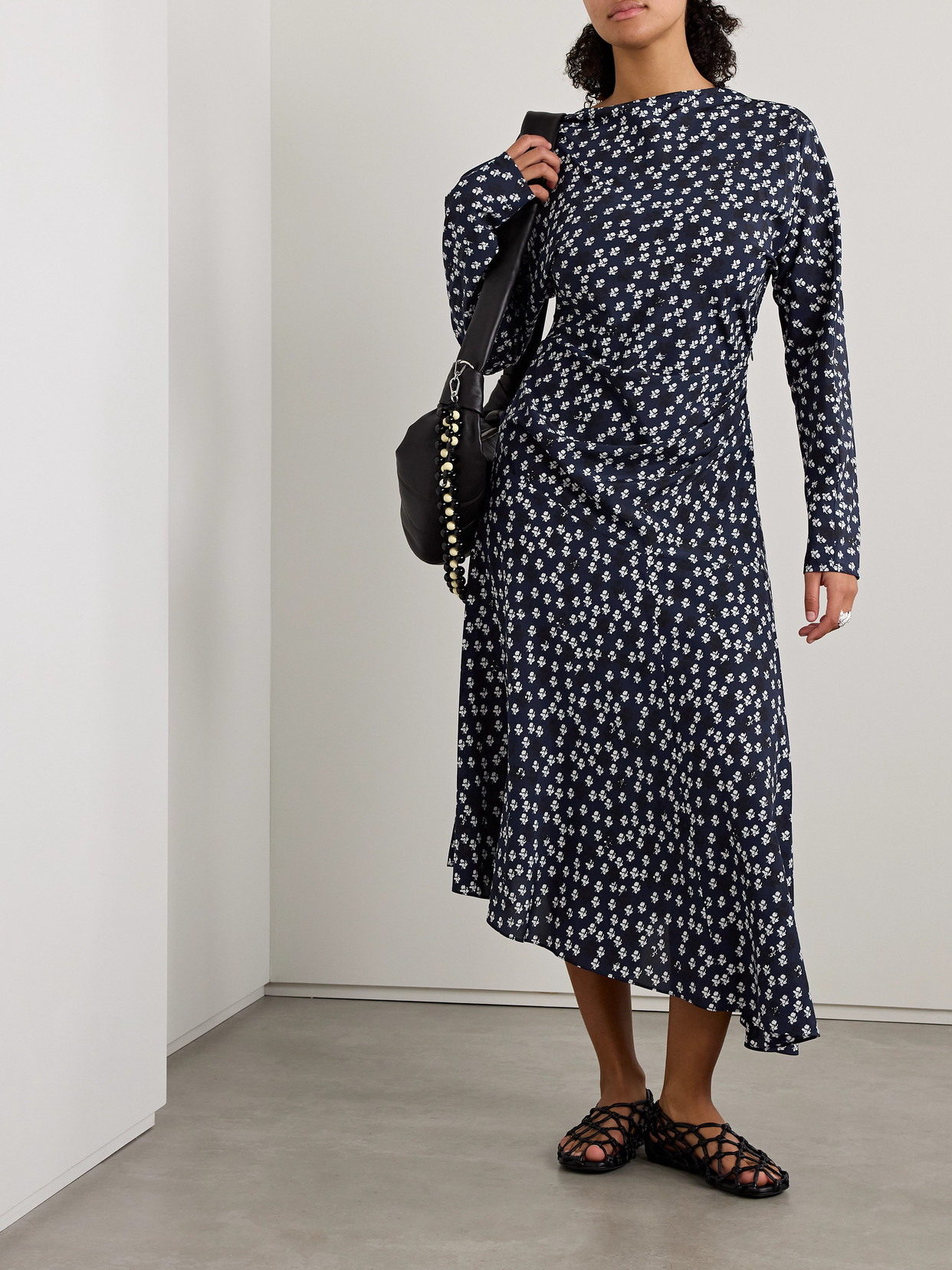 PROENZA SCHOULER ALINA DRAPED FLORAL-PRINT CREPE MIDI DRESS