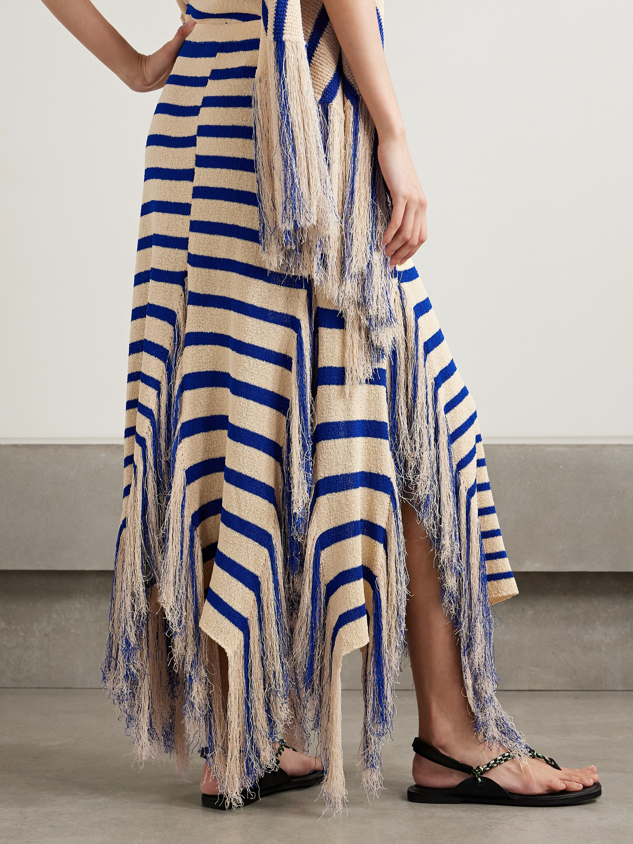 Shop Proenza Schouler Yves Asymmetric Fringed Striped Knitted Maxi Skirt In Blue