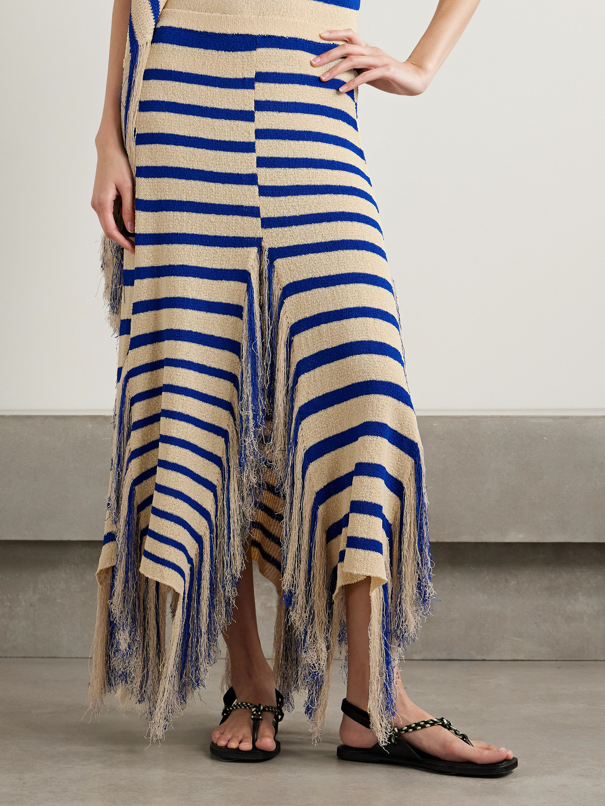 Shop Proenza Schouler Yves Asymmetric Fringed Striped Knitted Maxi Skirt In Blue
