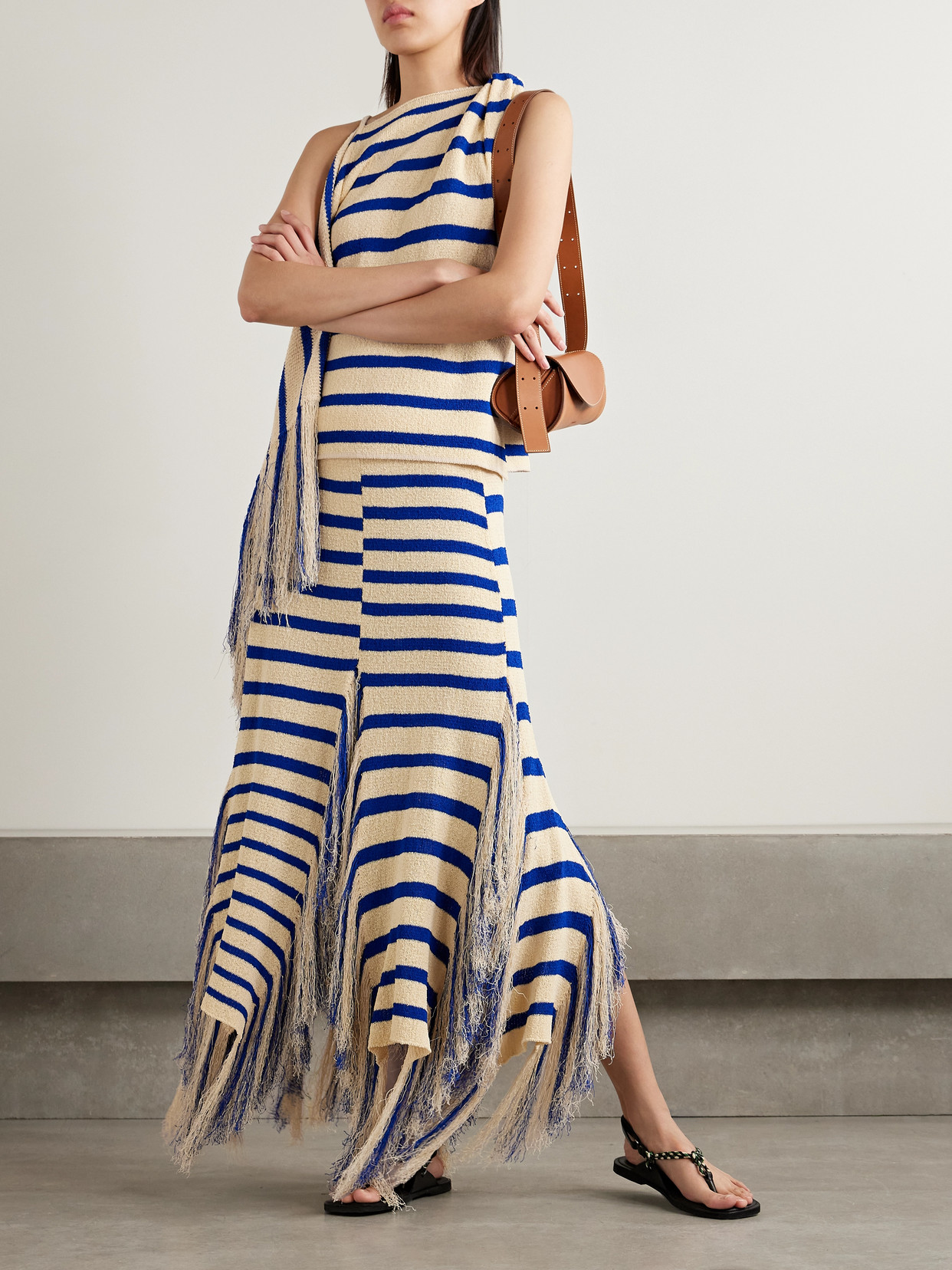 Shop Proenza Schouler Yves Asymmetric Fringed Striped Knitted Maxi Skirt In Blue