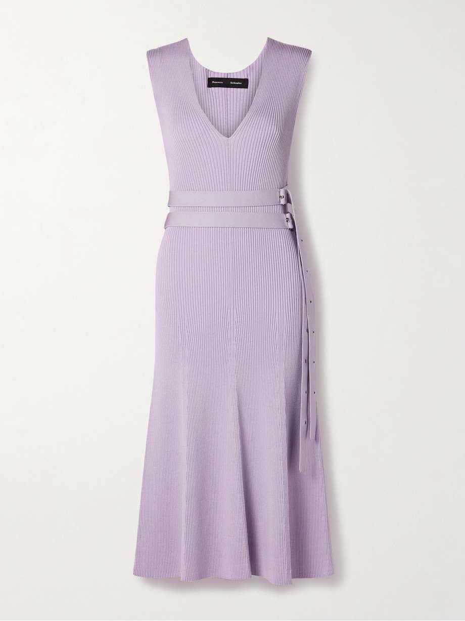 madeline belted ribbed-knit midi dress