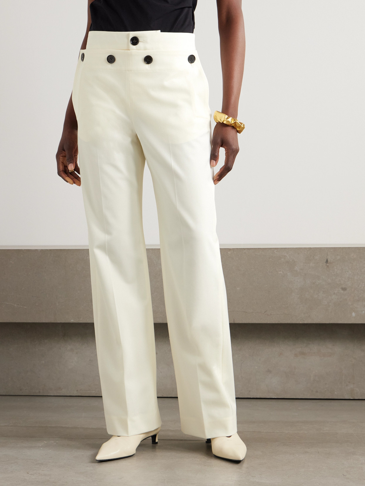 Proenza Schouler Oliver Button-embellished Wool-blend Gabardine Wide-leg Pants In Off-white