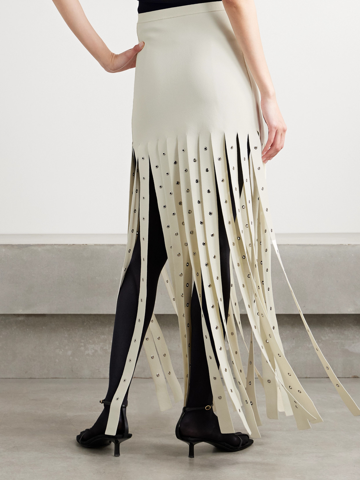 Effe Eyelet-Embellished Fringed Stretch-Knit Maxi