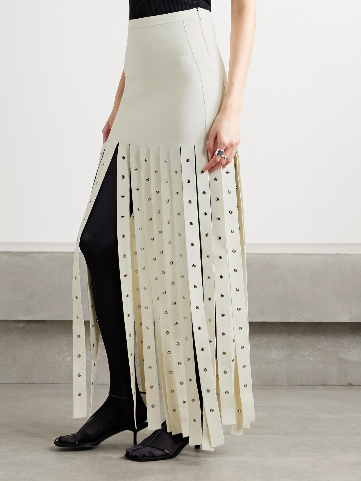 Effe Eyelet-Embellished Fringed Stretch-Knit Maxi