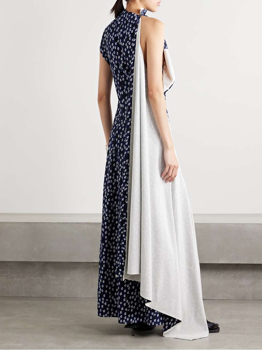 devyn asymmetric draped floral-print poplin maxi dress