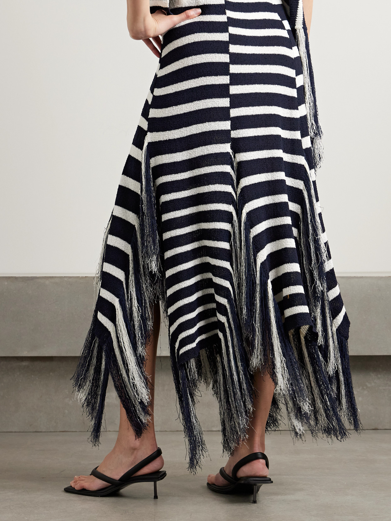 Shop Proenza Schouler Yves Asymmetric Fringed Striped Knitted Maxi Skirt In Blue