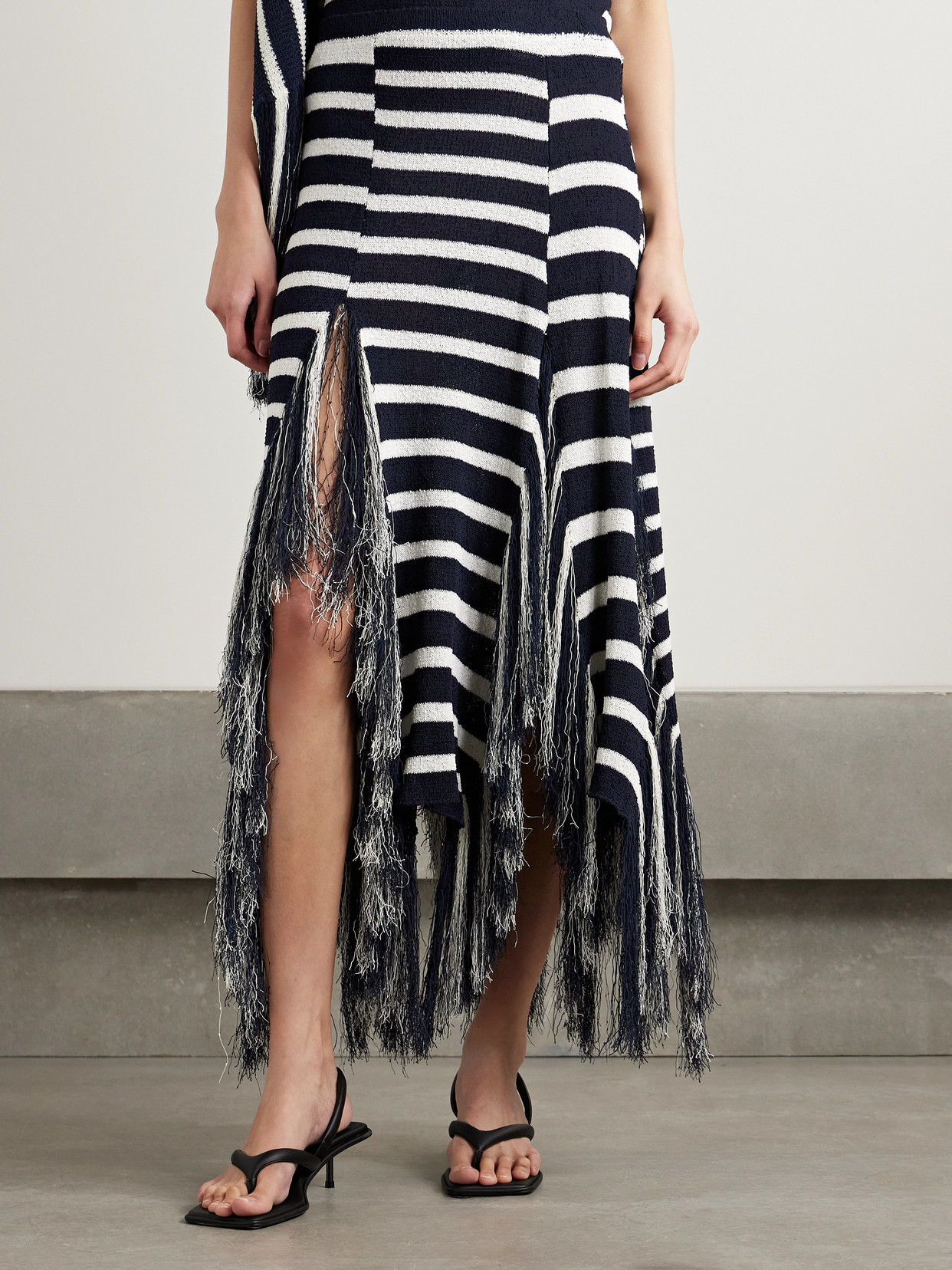 Shop Proenza Schouler Yves Asymmetric Fringed Striped Knitted Maxi Skirt In Blue