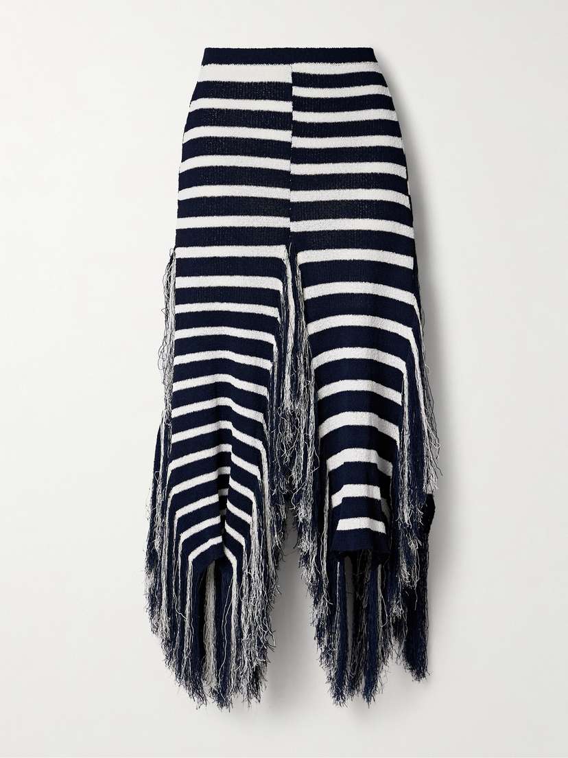 Proenza Schouler Yves Asymmetric Fringed Striped Knitted Maxi Skirt