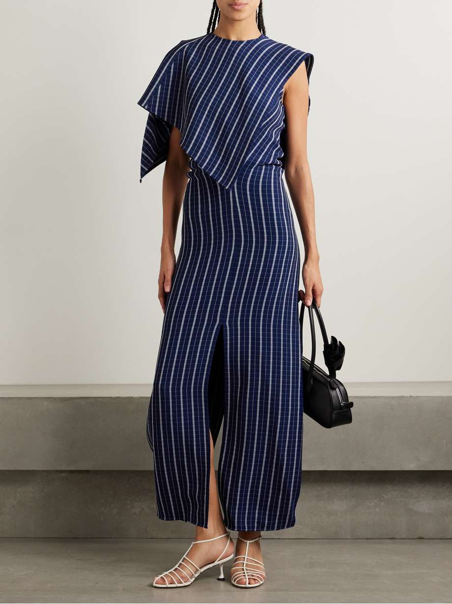 selene asymmetric draped checked stretch-crepe maxi dress