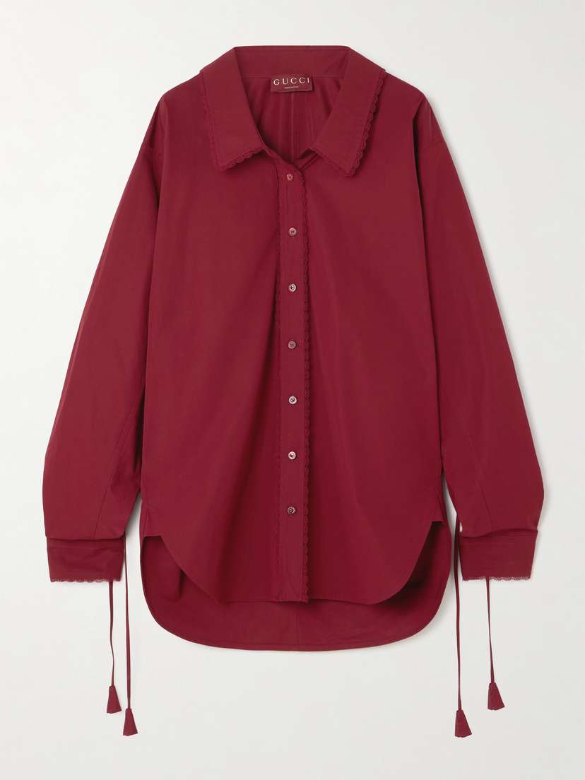 Gucci Oversized Tie-detailed Embossed Lace-trimmed Cotton-poplin Shirt
