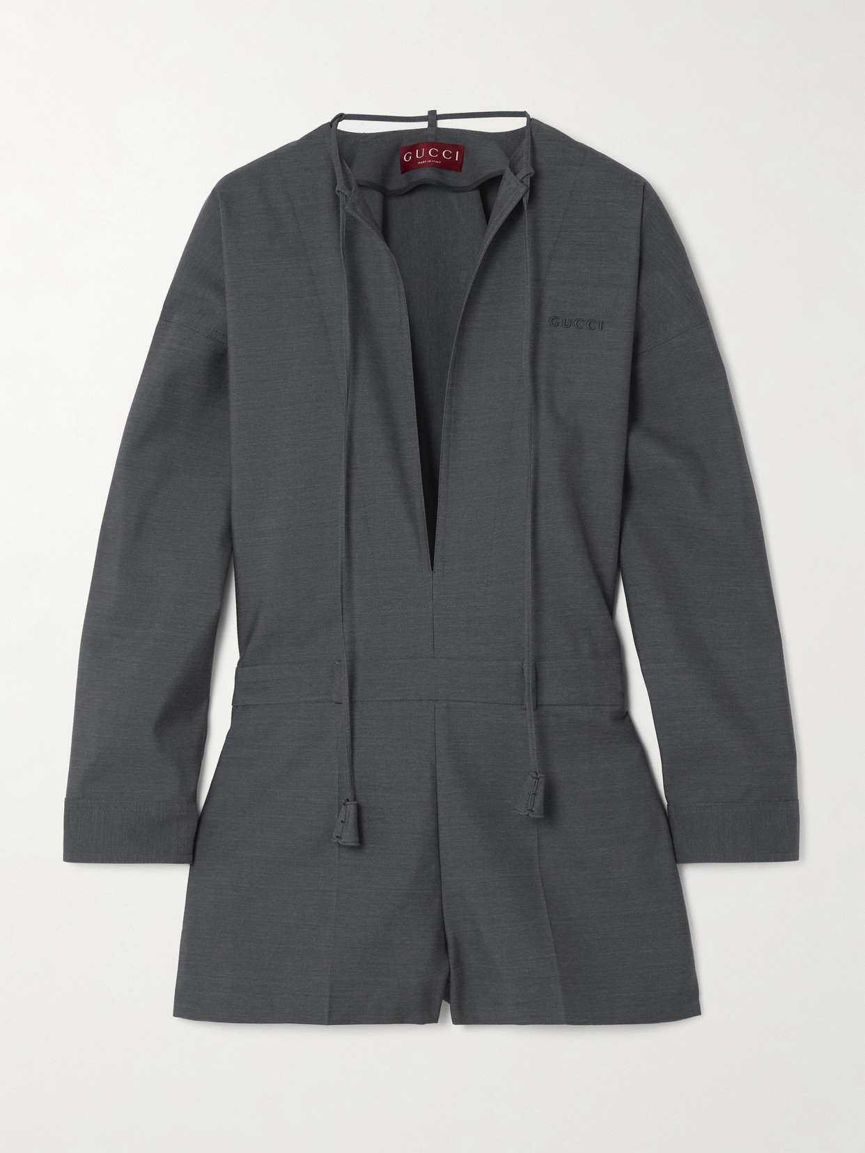 Gucci Tie-detailed Embroidered Wool Playsuit In Grey