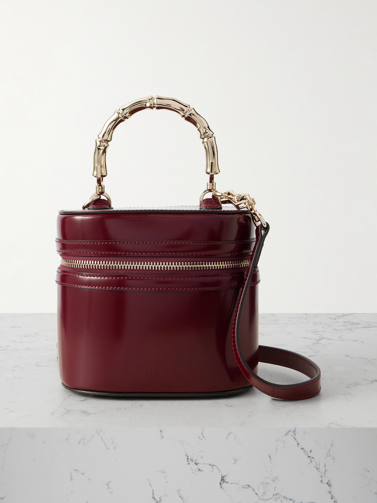 Gucci Bamboo Mini Glossed-leather Tote In Burgundy