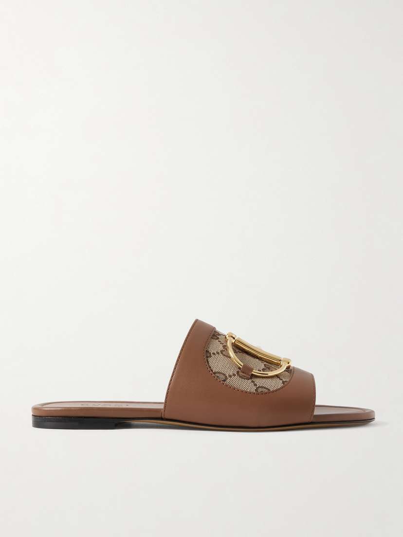 Gucci Alfa Horsebit-embellished Canvas-jacquard And Leather Slides