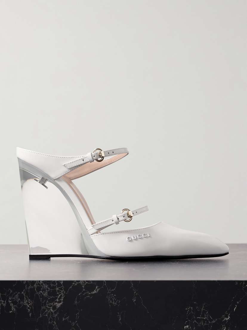 Gucci Christy Glossed-leather Wedge Mules