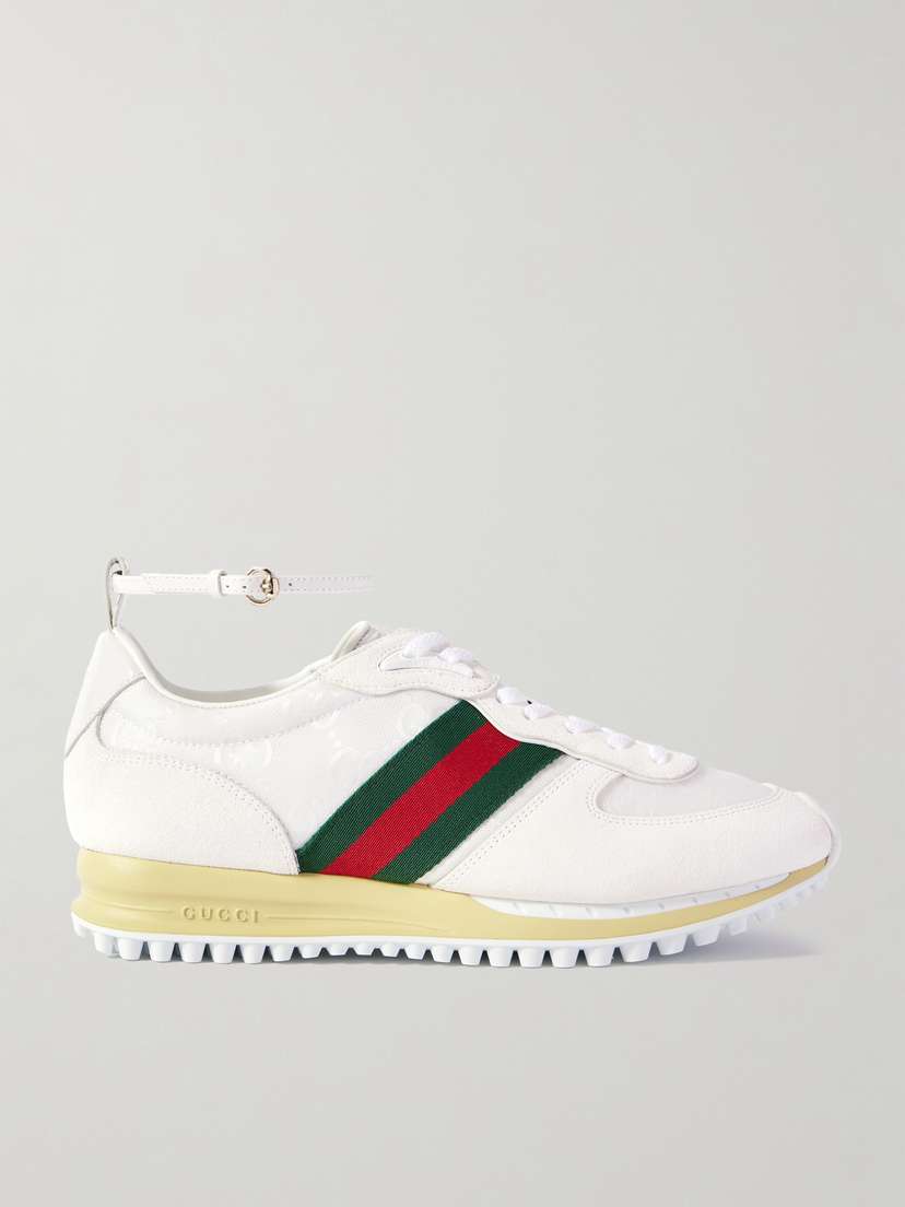 Gucci Nora Leather And Webbing-trimmed Suede And Canvas-jacquard Sneakers