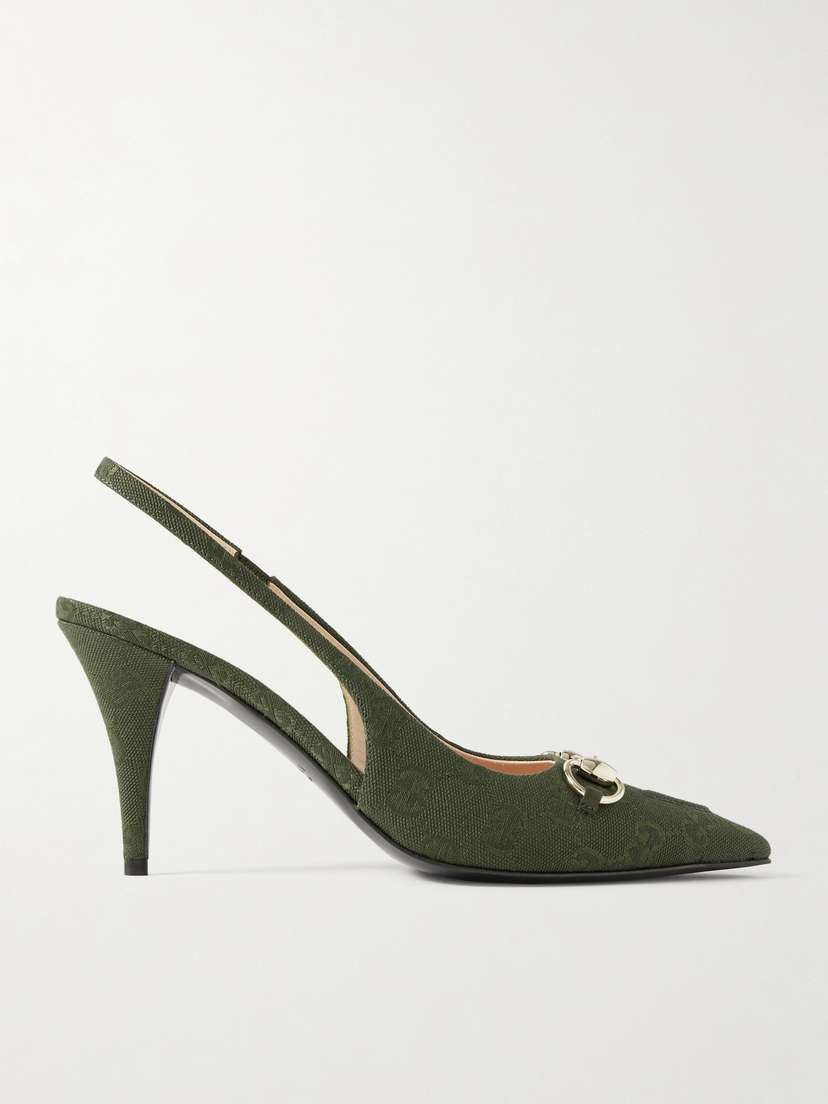 Gucci Erin Horsebit-embellished Canvas-jacquard Slingback Pumps