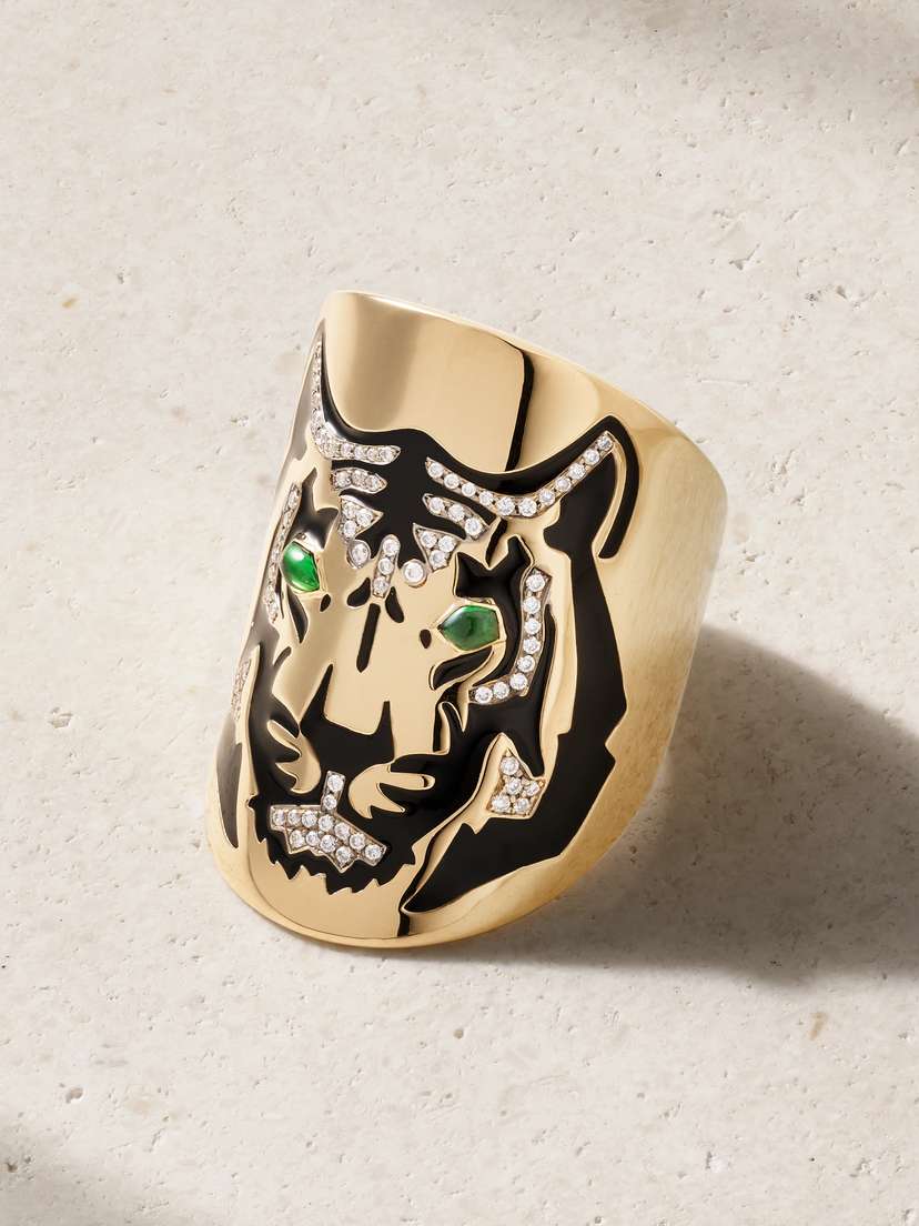 Diane Kordas Tiger 18-karat Gold, Diamond, Tsavorite And Enamel Ring