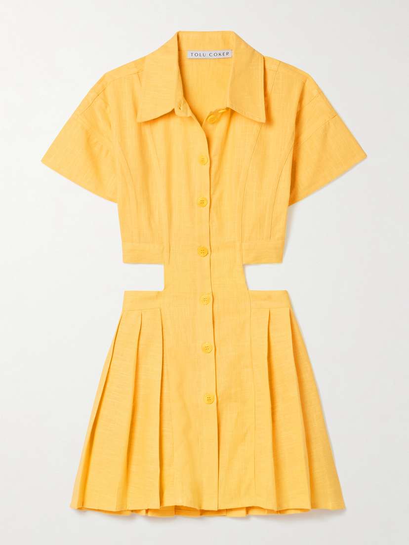 Tolu Coker Cutout Pleated Ramie Mini Shirt Dress