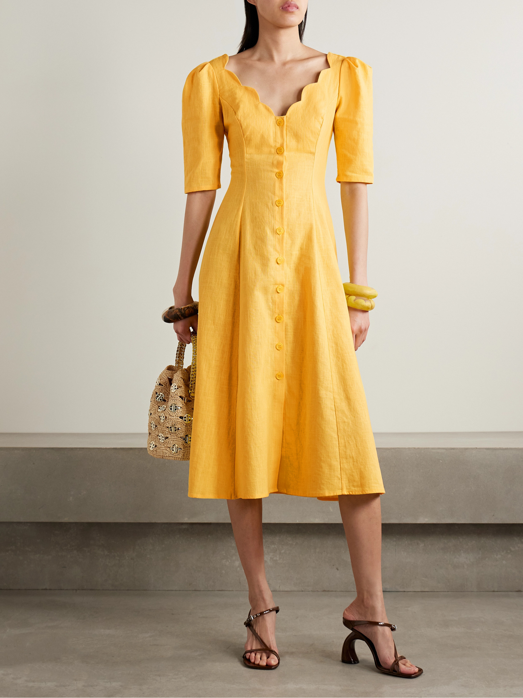 ramie midi dress Yellow Ramie Drop Waist Midi Dress  Mint Velvet